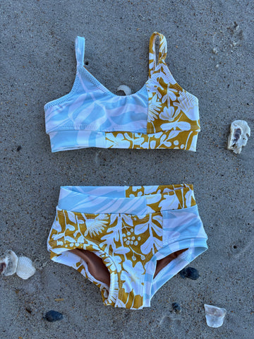 Size 5 Scrappy Kini in "Wheat Field/Blue Seaweed"