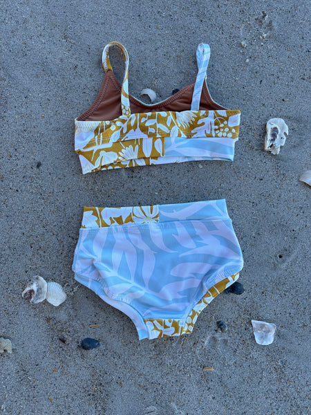 Size 5 Scrappy Kini in "Wheat Field/Blue Seaweed"